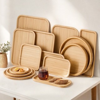 Khay gỗ decor đựng đồ ăn Mâm cơm gỗ tre chữ nhật đĩa gỗ hình vuông chụp ảnh sản phẩm Dĩa gỗ tròn đựng bánh Giba