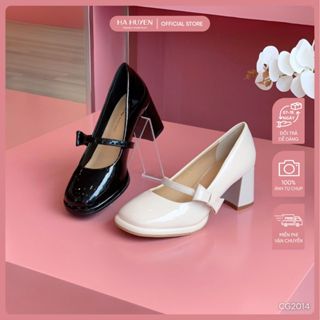 Giày cao gót nữ, giày mary jane HÀ HUYỀN da bóng quai nơ gót vuông 7cm - CG2014
