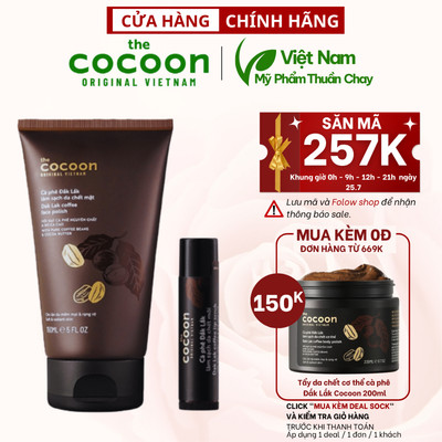 Combo cà phê tẩy da chết da mặt cocoon 150ml + tẩy da chết son môi cocoon 5g