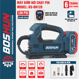 Máy bơm hơi pin BOSHUN BS-BH120, Áp suất 120PSI, Vừa dùng điện xe hơi vừa dùng pin chân phổ thông