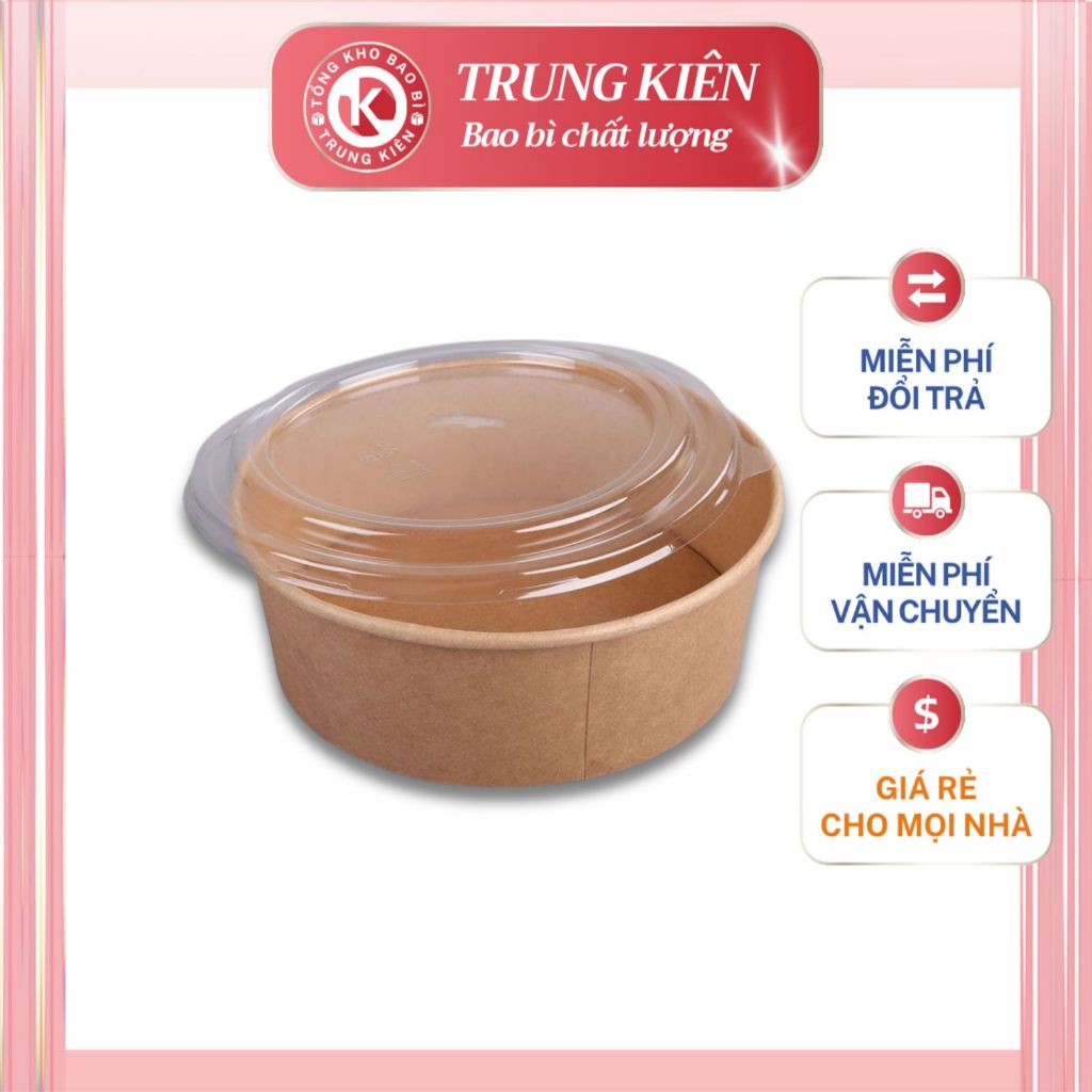 COMBO 50 Tô Giấy Kèm Nắp PET Size 750ml - 1000ml | Dùng 1 Lần, Chống Thấm, An Toàn | Bao Bì Trung Kiên