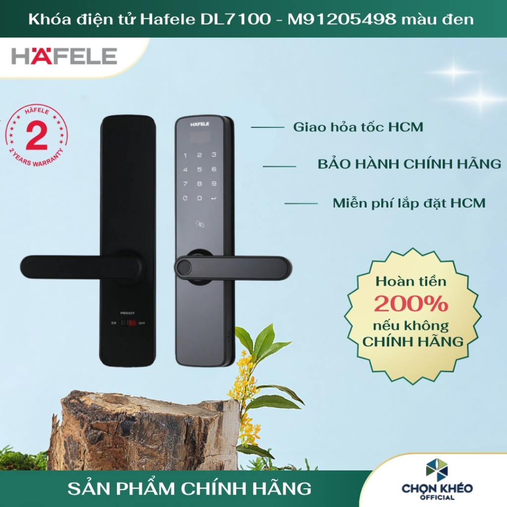 Khóa điện tử Hafele DL7100 - M91205498 màu đen, Chính hãng mở bằng vân tay thẻ từ mã số bảo hành 24T