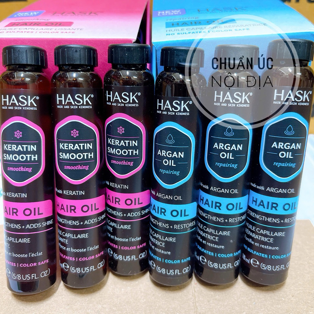   Mẫu mới Dầu dưỡng phục hồi chắc khỏe tóc bóng mượt Hask Argan Oil Repairing Hair Keratin Oil 18ml và 59ml hàng Úc 