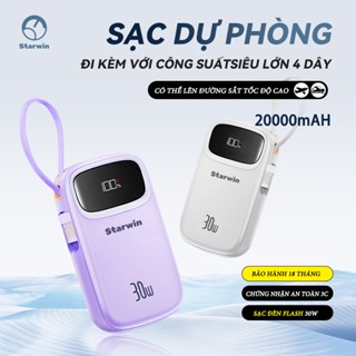 Sạc dự Phòng STARWIN 20000mAh Pin sạc nhanh 30W có sẵn 3 dây sạc cho iP Samsung Xiaomi,mah nhỏ gọn tiện dụng cao cấp