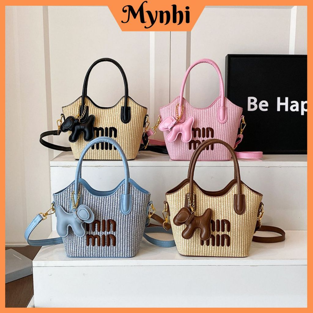 Túi xách nữ mini vải đan phối da kèm móc chó dễ thương, đeo chéo tay xách thời trang đi chơi dạo phố Mynhi SMN81