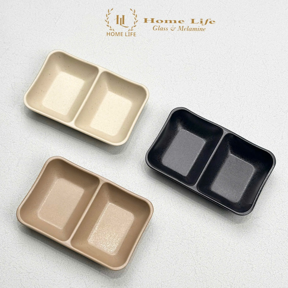 Khay đựng nước chấm 2 ngăn Đen Mờ T68 | Khay đựng gia vị 2 ngăn chất liệu Melamine A5 Cao Cấp chống va đập - chống cháy