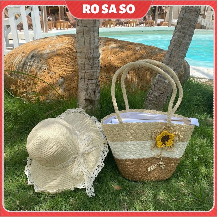 Set Túi Cói Đi Biển Nữ Kèm Mũ Cói ROSASO TX178 – Size Trung, Đeo Vai Kẹp Nách, Xu Hướng Vintage 2026