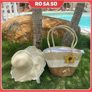 Set Túi Cói Đi Biển Nữ Kèm Mũ Cói ROSASO TX178 – Size Trung, Đeo Vai Kẹp Nách, Xu Hướng Vintage 2026