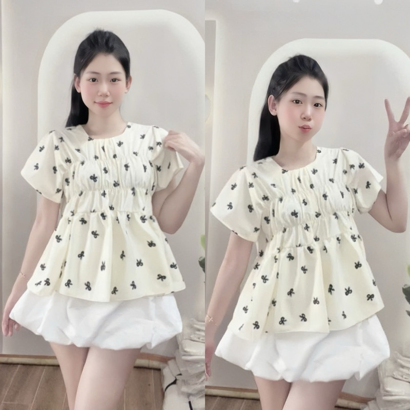 ( Vibe Cute ) : Sét Áo Be Babydoll Nhúm Ngực In Nơ Đen Mini Mix Chân Váy Trắng Dáng Boom 2 lớp Có Ló