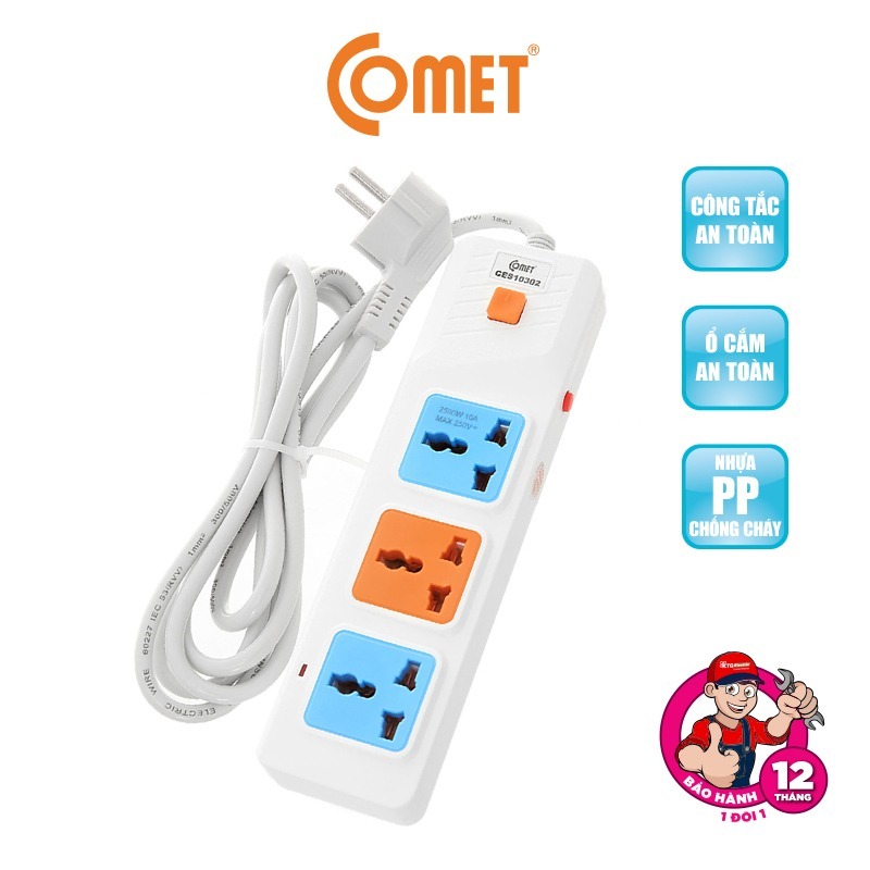 Ổ Cắm Nối Dài An Toàn Comet – 3 Ổ Cắm, Dây 2 Mét CES10302