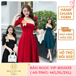   Có Bigsize  Đầm  dự tiệc Bảo Ngọc Vip lệch vai đính hoa nổi váy xòe trung niên đi tiệc đi làm 