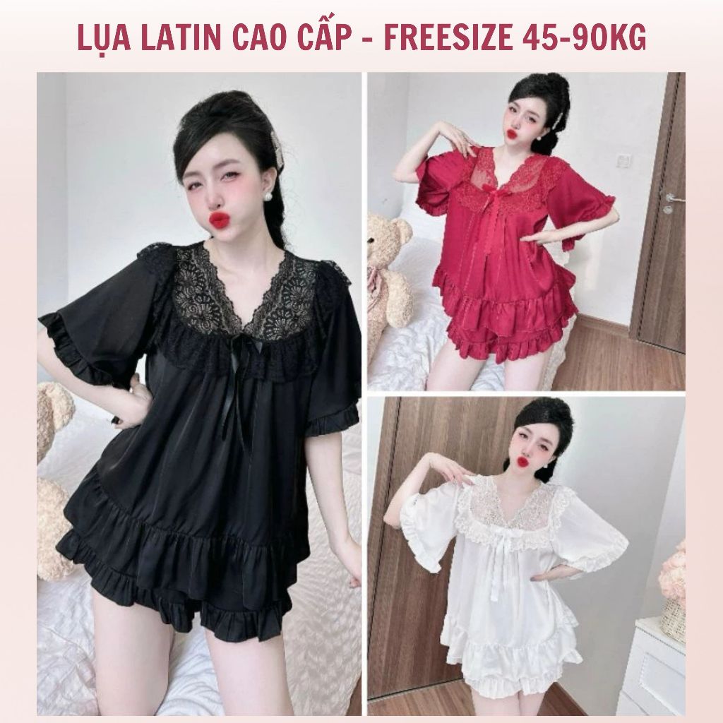 Đồ ngủ Pijama Tiểu Thư Phối Ren Bigsize, Chất Lụa Latin cao cấp thời trang nữ freesize 45-90kg-PJ013 | BigBuy360 - bigbuy360.vn