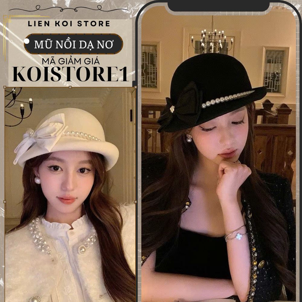 Mũ Nồi Dạ Viền Ngọc Trai Nơ Chất Dạ ép Lông Cừu Cao Cấp