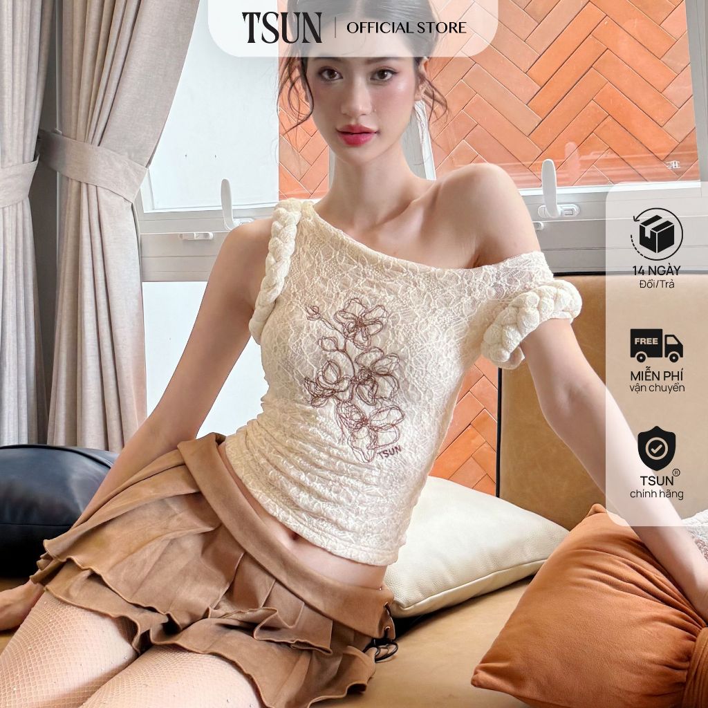 TSUN - Áo Ren Nữ Lệch Vai Trễ Vai Thêu Hoạ Tiết Hoa Lan Màu Be Ôm Body Gợi Cảm Sang Chảnh | BigBuy360 - bigbuy360.vn