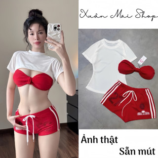  Set bikini 3 món thể thao đồ đi biển áo bra cúp quần đùi áo thun cổ tròn cotton giấy 