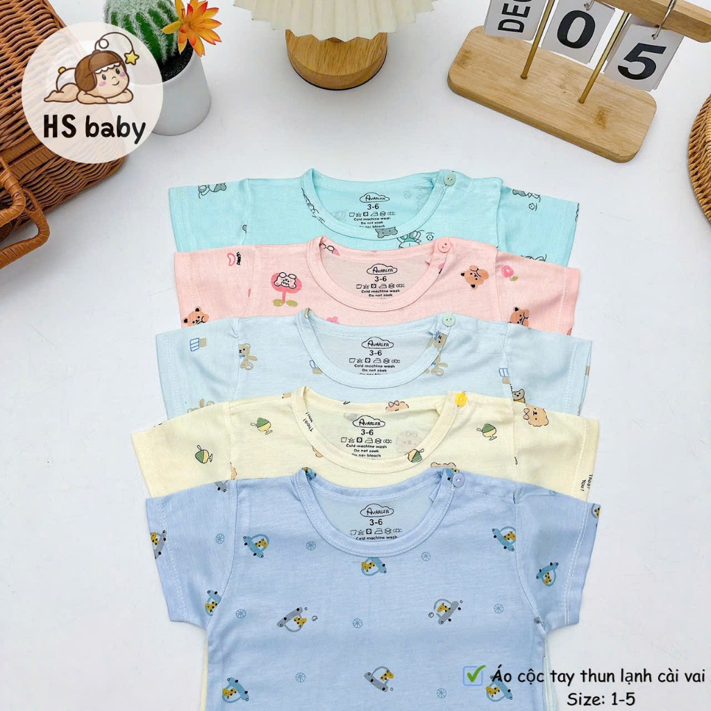 Combo 5 áo cộc cài vai thun lạnh họa tiết nền màu cho bé trai,bé gái từ 5-13kg