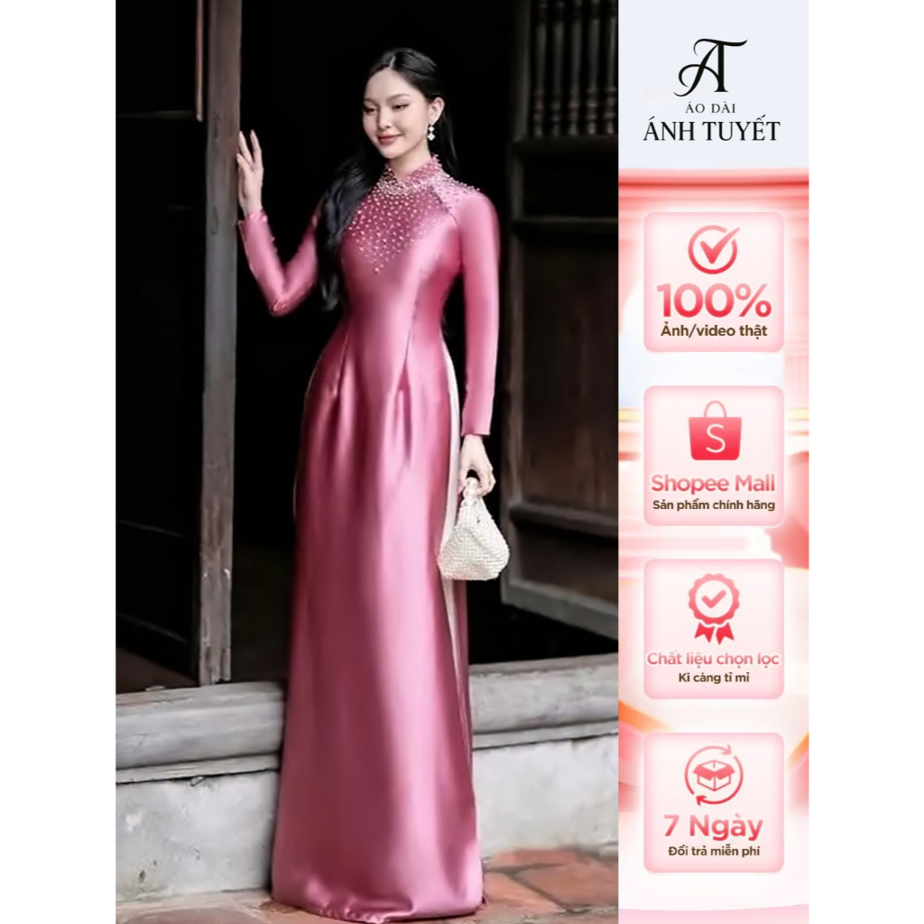 Áo dài mẹ, áo dài lụa ruby valentino cổ tim đính đá size 40 - 76Kg