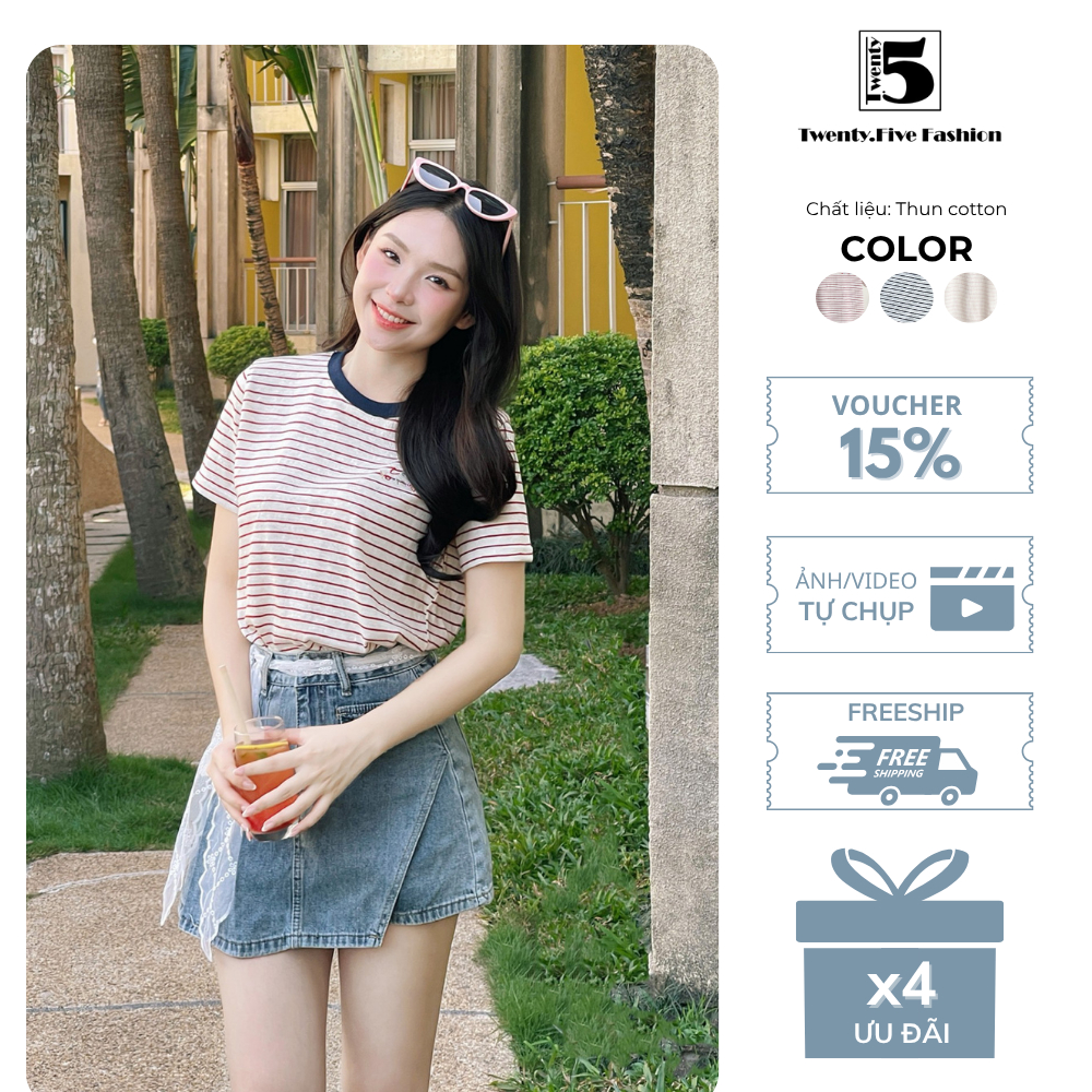 Áo Thun Nữ Dáng Suông Kẻ Ngang Phối Cổ Trẻ Trung Twentyfive Fashion - 6648