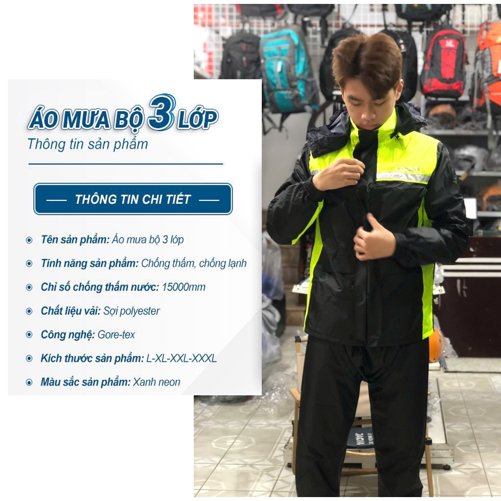 Áo Mưa Bộ Đi Xe Máy Chống Thấm Jacwater 3 lớp – Siêu Bền, Phản Quang Ban Đêm