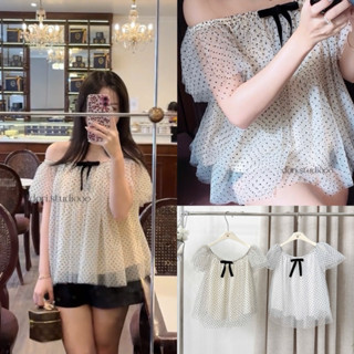   A0.227  Áo Trễ Vai Lưới Chấm Bi Đính Nơ Ngực 2 Màu Hàng 3 Lớp Bồng Bềnh  lưới mềm k dặm ngứa  