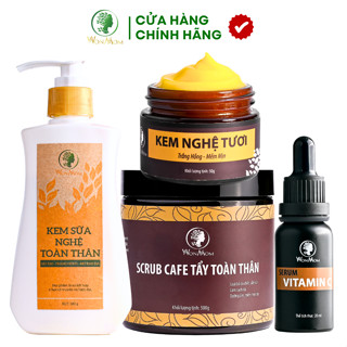Bộ Trắng Da Mặt Và Body Toàn Diện WonMom ( Serum Vitamin C + Kem Nghệ Tươi + Kem Sữa Nghệ Toàn Thân + Scrub Café Body )