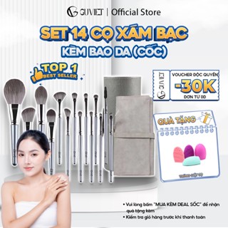 Bộ cọ trang điểm cá nhân GUVIET set 14 cây màu xám bạc có bao da (cốc)
