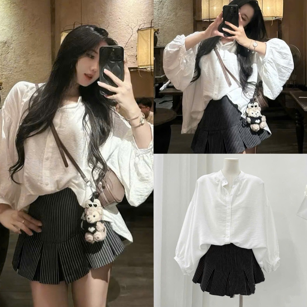 (Hàng 3 Size): Set Áo Sơ Mi Trắng Cổ Tàu Tay Phồng From Rộng + Chân Váy Kẻ Đen Xếp Ly Di Du Lịch, Đi