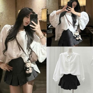 (Hàng 3 Size): Set Áo Sơ Mi Trắng Cổ Tàu Tay Phồng From Rộng + Chân Váy Kẻ Đen Xếp Ly Di Du Lịch, Đi Chơi- Ảnh Thật V5