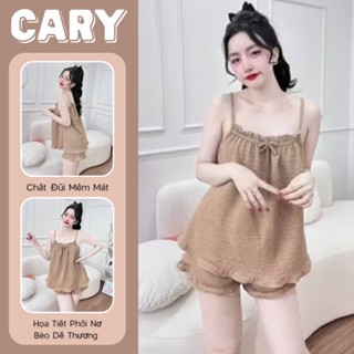 Đồ ngủ nữ BIGSIZE chất liệu đũi thoáng mát, bộ đồ ngủ pyjama mặc ở nhà áo 2 dây phối nơ bèo dễ thương CARY