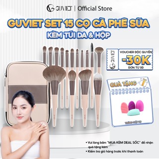 Bộ cọ trang điểm cá nhân cao cấp GUVIET màu cà phê sữa gồm 15 cọ đi kèm túi da và hộp đựng