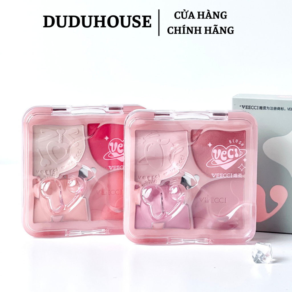 Phấn Má Hồng Và Bắt Sáng 4 Ô VEECCI Đa Năng Mềm Mịn Tự Nhiên Màu Hồng Khỏa Thân Lâu Trôi 6g