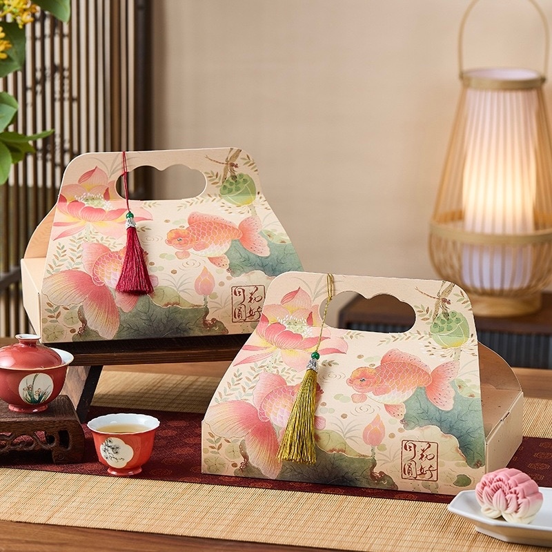[Kèm Liễn] Hộp Đựng Bánh Trung Thu 4 Bánh 6 Bánh, Hộp Bánh Trung Thu 50g 75g Hoạ Tiết Cá Vàng Dày Dặ
