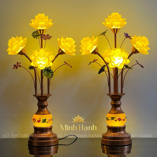  Đèn Thờ 5 bông Hoa Sen thân nâu sáng - Cao 63 72 80cm  TẶNG LED DỰ PHÒNG  | GIÁ 1 ĐÔI 