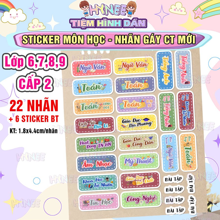 22 Nhãn Tên Môn Học Cấp 2, Lớp 6,7,8,9 - Sticker Môn Học Chương Trình Mới - Nhãn Gáy, Phân Trang Dán