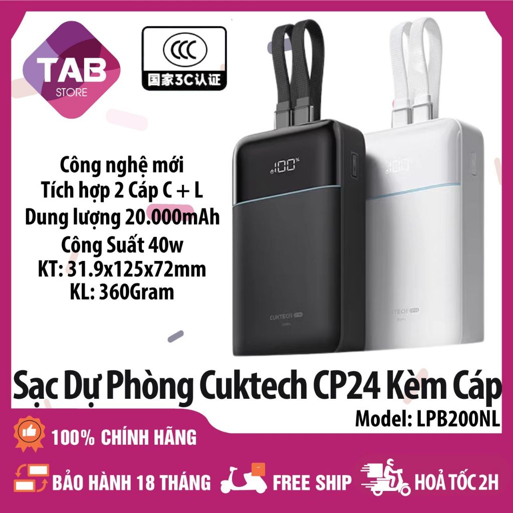  Sạc Dự Phòng Cuktech CP24 20000mAh 40W Tích Hợp Cáp 1C+1L+1A  PD PPS QC LPB200NL - Bảo Hành 18 Tháng 