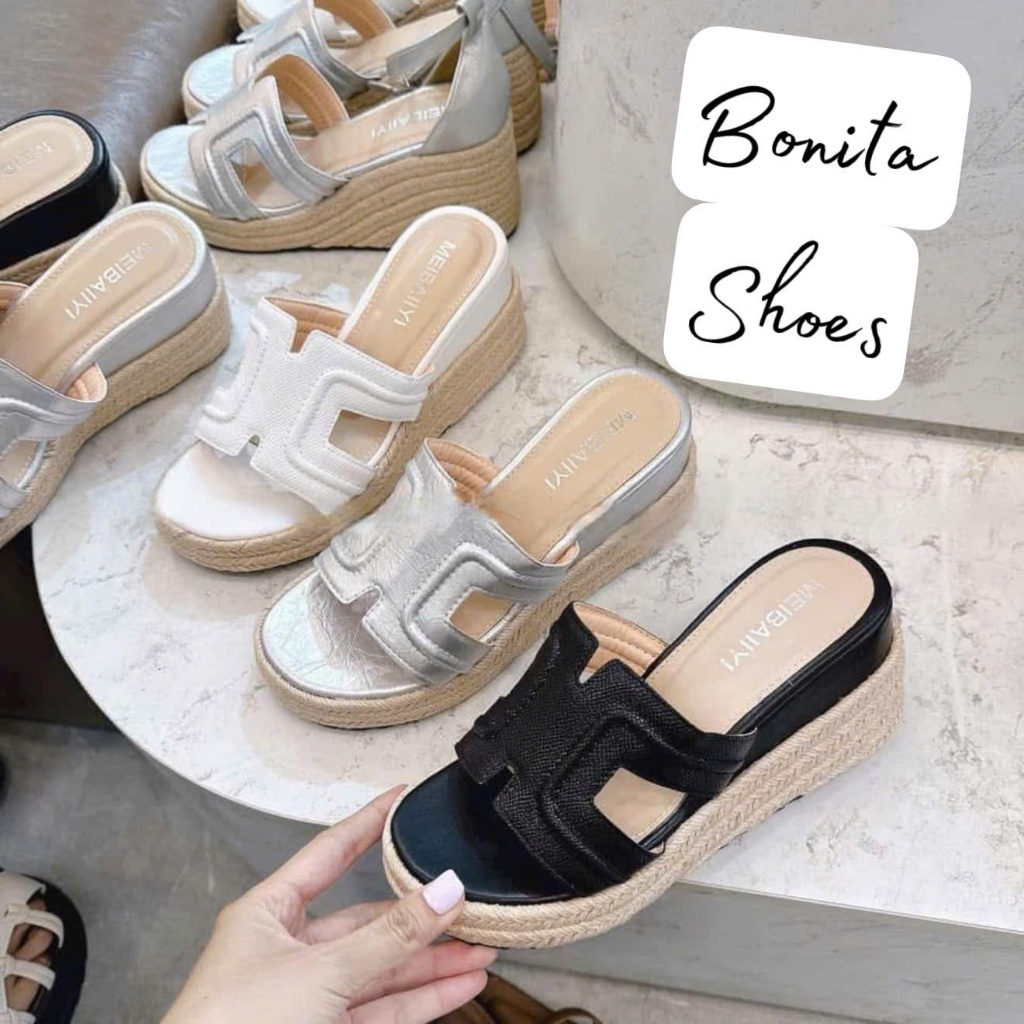 NS2 Dép xuồng nữ quai H sọc quai đế cối cao 7cm và 9cm - Bonita Shoes BMC16