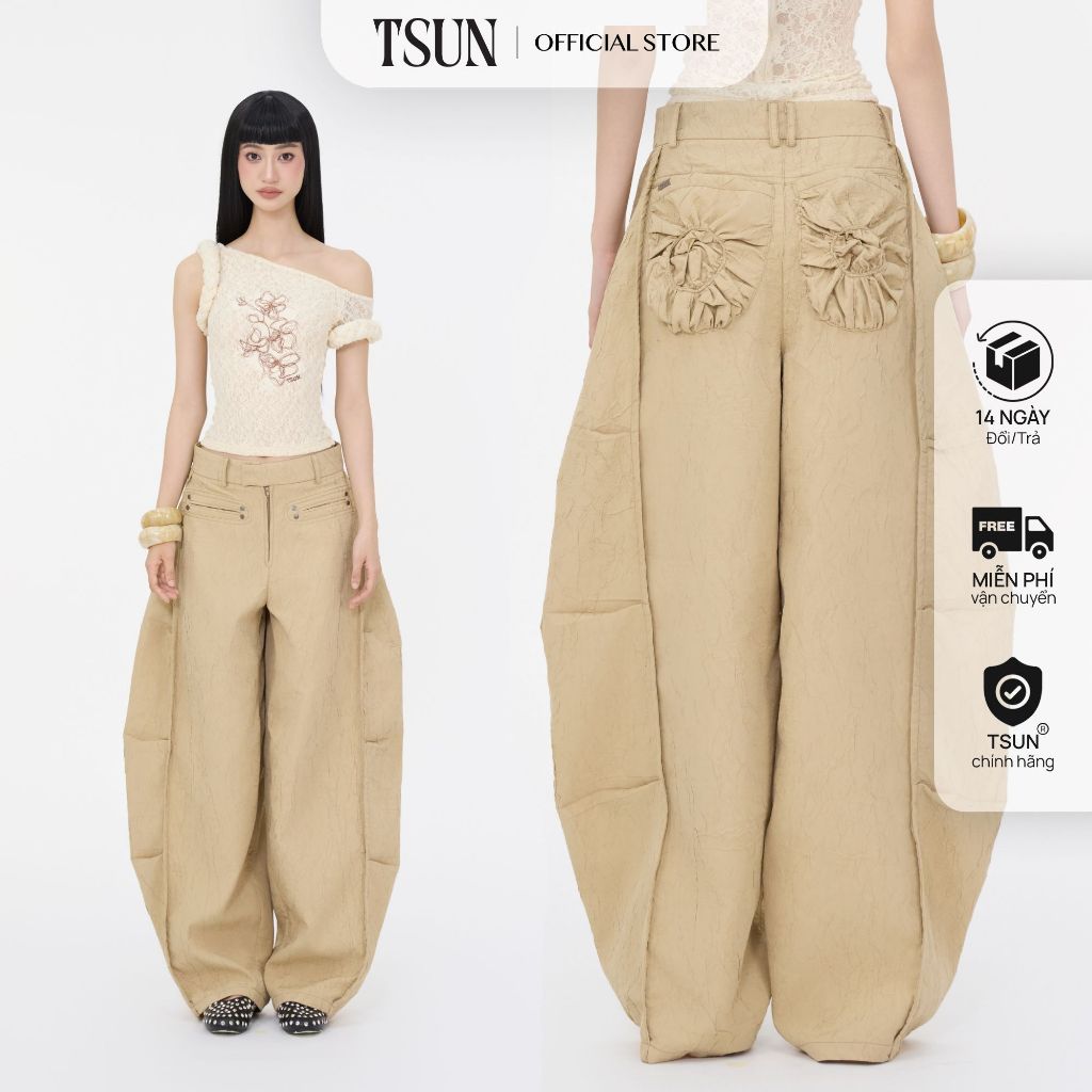 TSUN - Quần Balloon Cạp Cao Dáng Rộng Màu Be, Oversize - Vải Dập Nổi 3D -Túi Sau Nhún Bèo-Streetwear | BigBuy360 - bigbuy360.vn