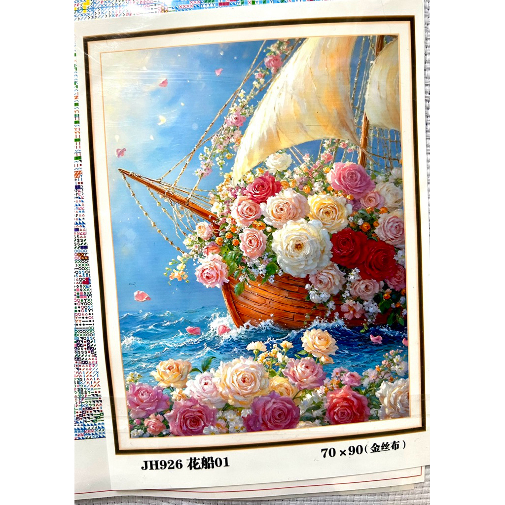 Tranh thêu chữ thập mới Thuyền Hoa vải kim tuyến 9ct kt 70x90