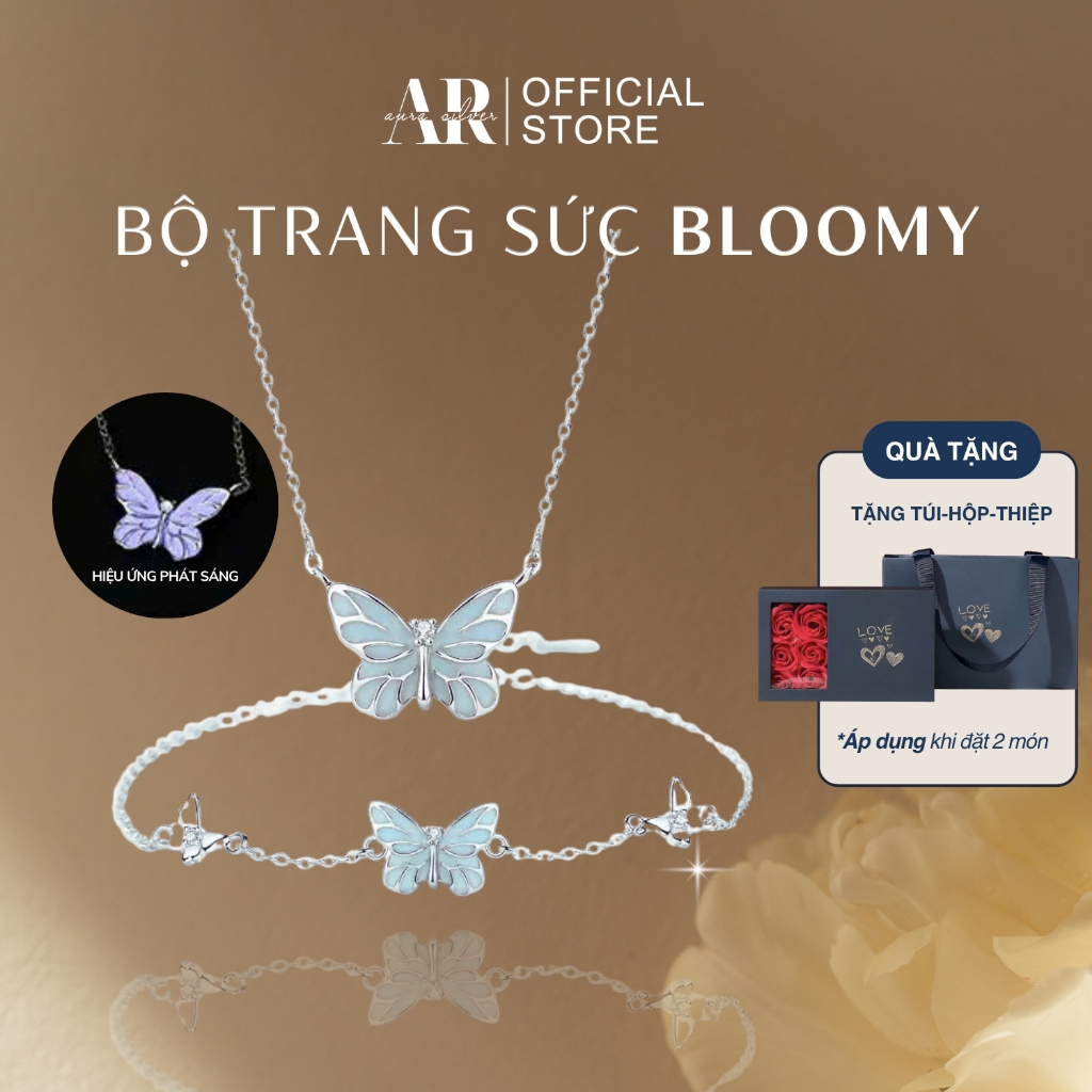 Set dây chuyền lắc tay bạc Ý 925 bộ trang sức bạc nữ Bloomy hồ điệp phát sáng-SET33-AURASILVER