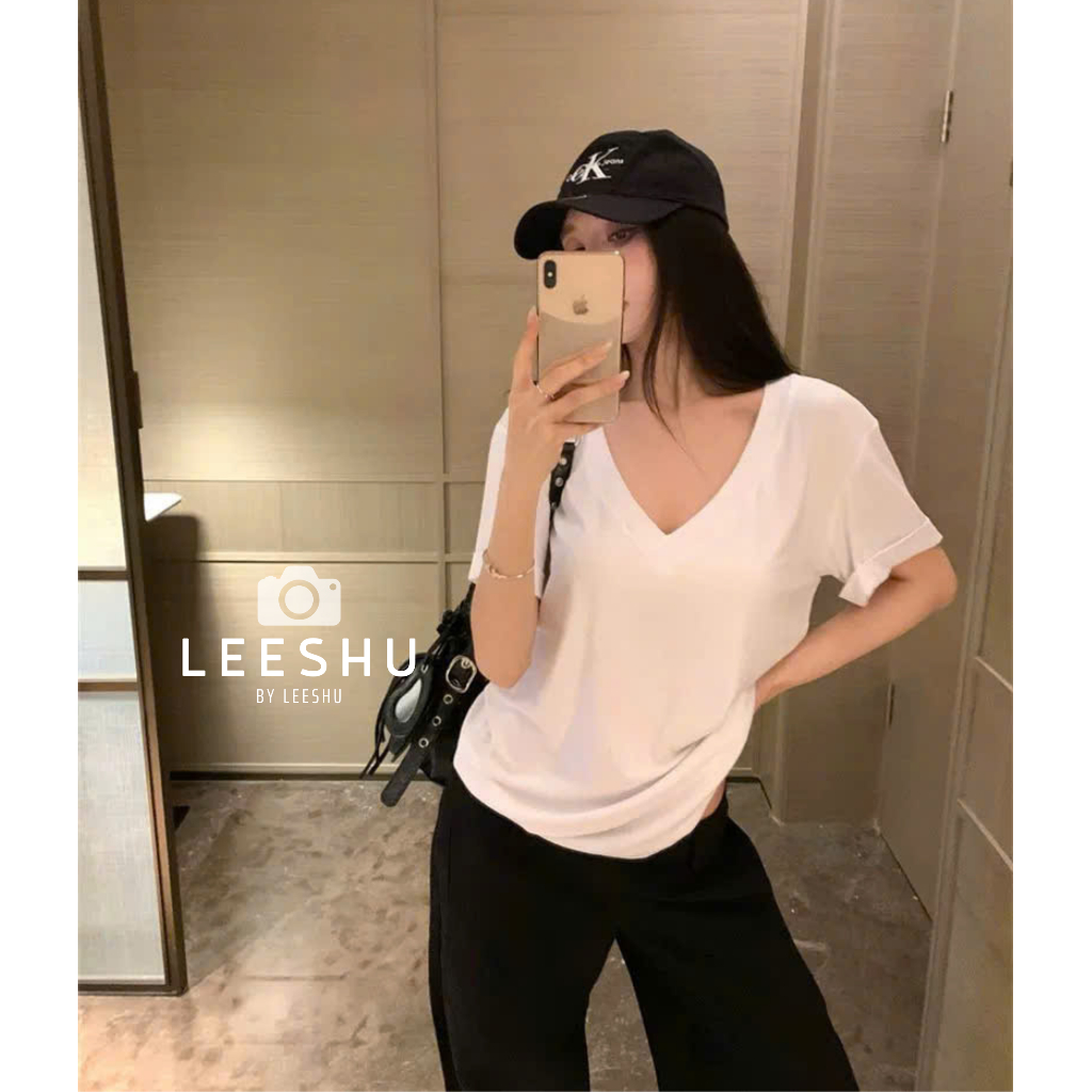 Áo cổ tim tay cộc vải thun lạnh form rộng nhiều màu ❤Leeshu❤ Áo thun cổ V chất thun lạnh mềm mát có Bigsize