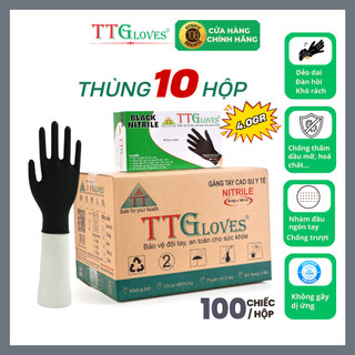  Thùng 10 Hộp Găng Tay Cao Su Y Tế TTGLOVES Không Bột Nitrile Màu Đen 4.0gr  1000 Chiếc  