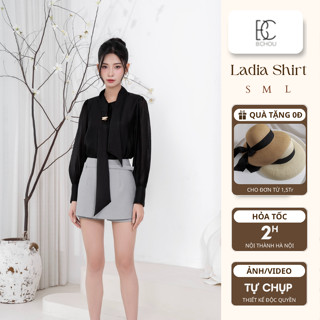 Áo sơ mi nữ thiết kế cổ chéo B.CHOU, Áo kiểu nữ chất liệu tơ cao cấp tay bồng phối khuy cài hiện đại LADIA SHIRT