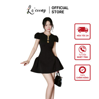 Váy Thiết Kế Tay Con Dáng Ngắn Xòe LECOONG V800 (Có Bigsize) Đầm Đẹp Sang Chảnh Đính Ba Khuy Màu Đen