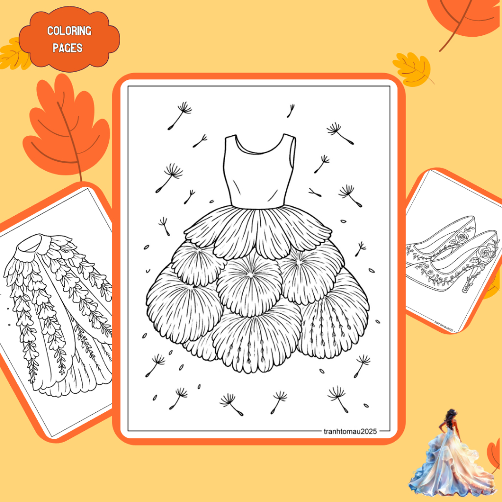 Bộ 34 tờ tranh tô màu, tranh tập tô cho bé hình trang phục từ bông hoa Flora Fashion, giấy A4, A5 th