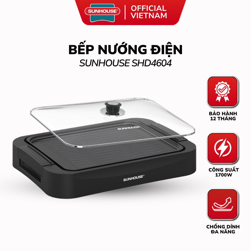 Bếp Nướng Điện Sunhouse SHD4604 - 1700W, Nắp Kính Cường Lực Chống Bắn Dầu Mỡ, Bảo Hành 12 Tháng