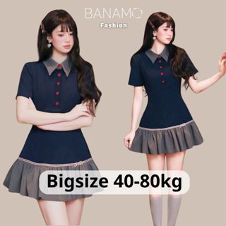 Đầm nữ BIGSIZE Banamo Fashion váy cổ sơ mi cộc tay cúc đỏ đuôi váy xoè đính nơ tiểu thư 5340