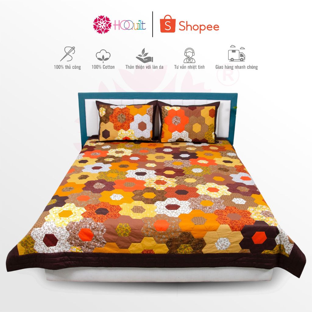 Chăn - Mền Quilt ,Mẫu Quilt Lục Lăng Nâu – Chần Bông Handmade, Vải Thô Cotton, Dùng Mọi Thời Tiết