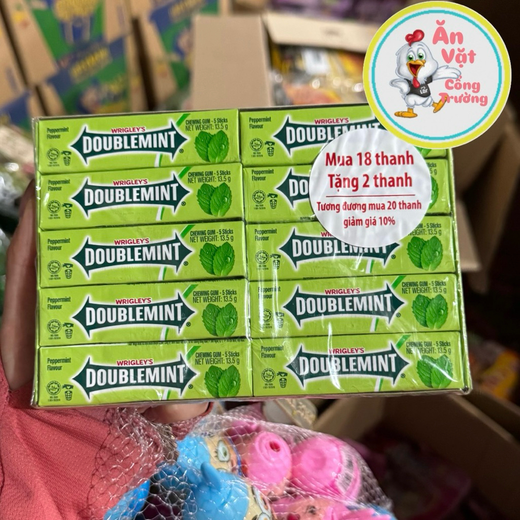 Vỉ 18 thanh tặng 2 kẹo sing gum Doublemint hương bạc hà, kẹo cao su gum bạc hà