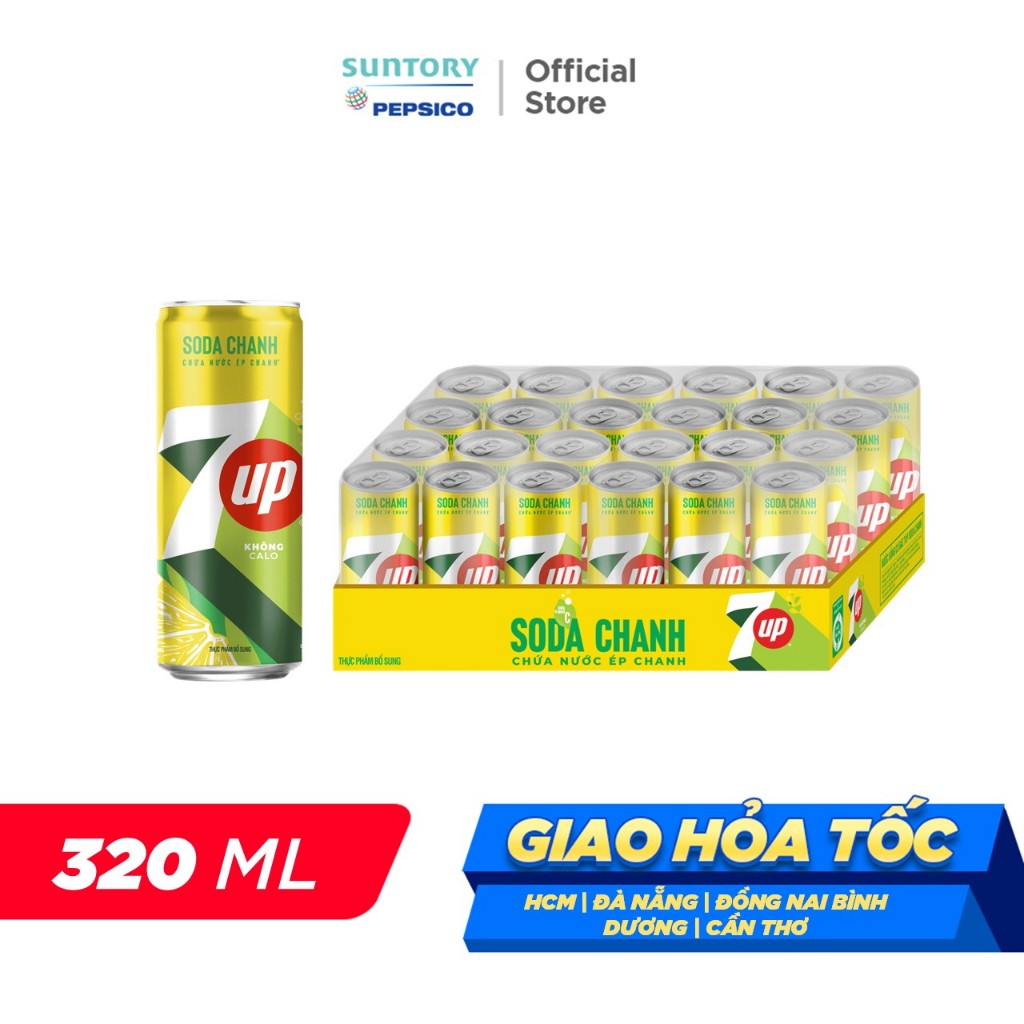 Thùng 24 Lon Nước Uống Có Gaz 7UP Soda Chanh Không Calo (320ml/lon)