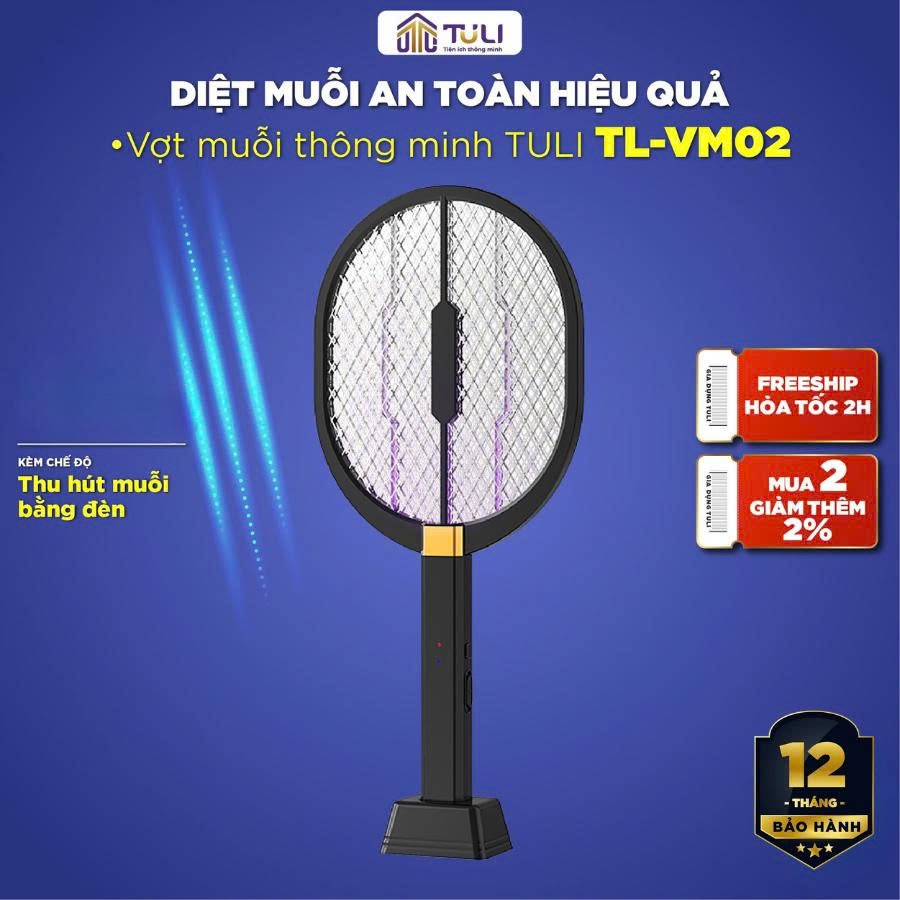 Vợt muỗi thông minh TULI TL-VM02, Tích điện, Kiêm đèn bắt muỗi côn trùng để bàn, BH 6 Tháng